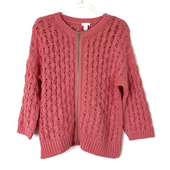 Chico's | Salmon Coral Pink Full Zip 3/4 Chunky Knit Sweater Chico's 2/US Large - Picture 1 of 4